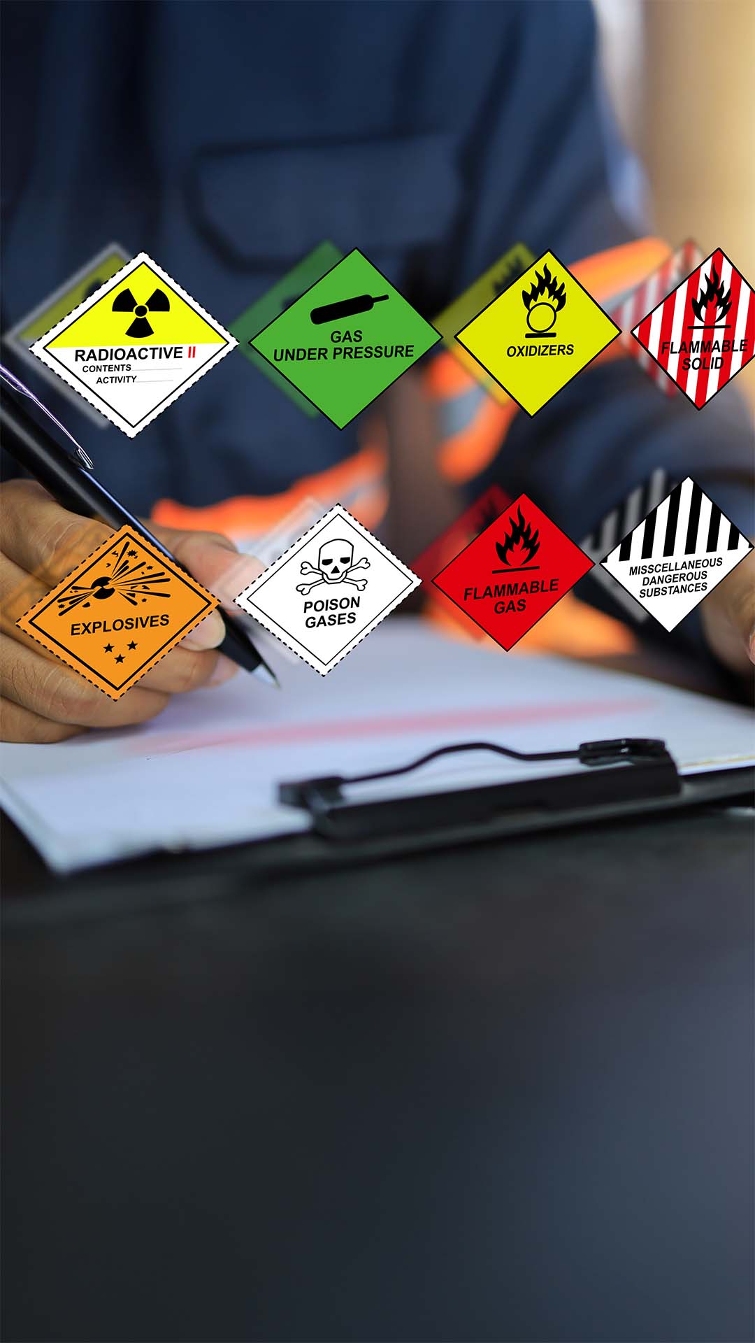 Sicherheitsbestimmungen und Zeichen im Kontext von Gefahrgut und Gefahrstoffen. Sarmas-Arbeitssicherheit.